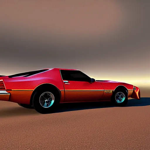 Image similar to hyperdetailed, photorealistic photograph of a 1 9 8 2 pontiac firebird trans - am driving in the desert, rain, night, dense fog, hd, unreal engine 5 by greg rutowski, by stanley artgerm, by alphonse mucha