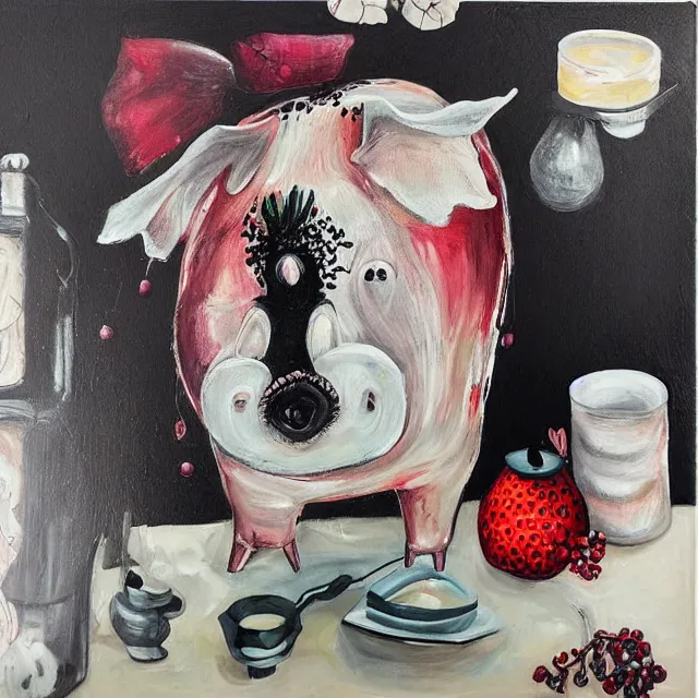 Image similar to “ a portrait in a female art student ’ s apartment, sensual, a pig theme, pork, pottery supplies, pottery work in progress, a candle dripping white wax, pottery glaze, squashed berries, berry juice drips, acrylic and spray paint and oilstick on canvas, surrealism, neoexpressionism ”