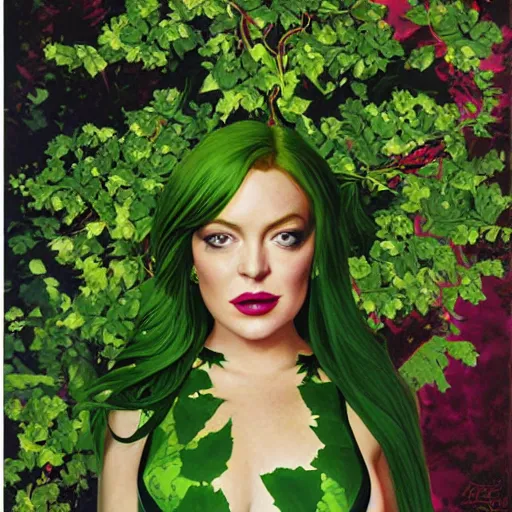 Image similar to portrait of lindsay lohan as poison ivy, wearing a green dress and floral growths, epic details by alex ross