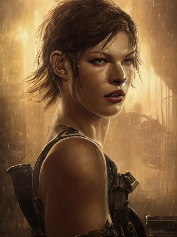 Image similar to portrait of Milla Jovovich from Resident Evil fighting in the wreckage city in the rain,by tom bagshaw,Cedric Peyravernay,James Paick,Ted Nasmith, peter gric,Hugh Ferriss,trending on artstation,8k,Blade Runner 2049,ultra realistic,high detail,golden ratio,cinematic lighting,maximalist