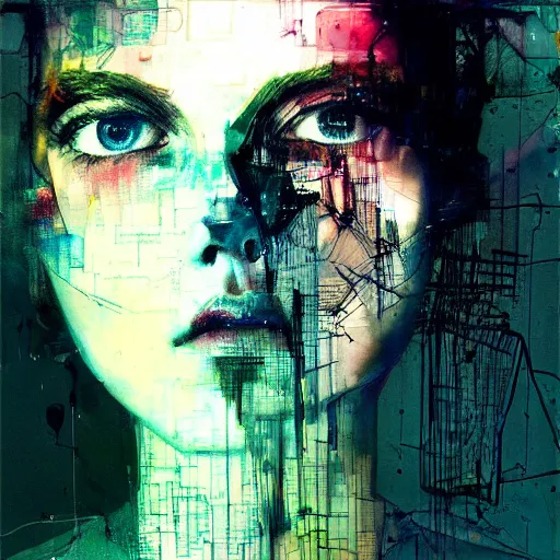 Prompt: portrait of a beautiful young woman cyber dreamer glitchcore wires, machines, by jeremy mann, francis bacon and agnes cecile, and dave mckean ink drips, paint smears, digital glitches glitchart