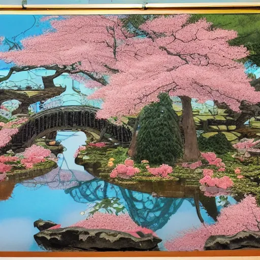 Prompt: japanese water garden with cherry blossom trees, detailed matte painting + hyperdetailed + yoshitoshi abe concept art + detailed painting + hypermodernism + airbrush art + kintsugi + chako abeno anime