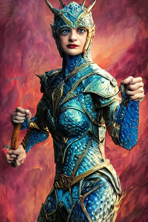 Image similar to A fantasy comic book style, composite portrait painting of Joey King, Cory Chase as an Atlantean, Reptilian Warrior, Mystical Valkyrie, Armor, Sword, Spear, Sheild, François Boucher, Oil Painting, unreal 5, DAZ, hyper realistic, Photorealistic, octane render, Regal, Refined, Coherent, Detailed Digital Art, RPG portrait, William-Adolphe Bouguereau, Michael Cheval, Walt Disney (1937), Steampunk, golden dappled lighting, dynamic lighting, Highly Detailed, Cinematic Lighting, Unreal Engine, 8k, HD