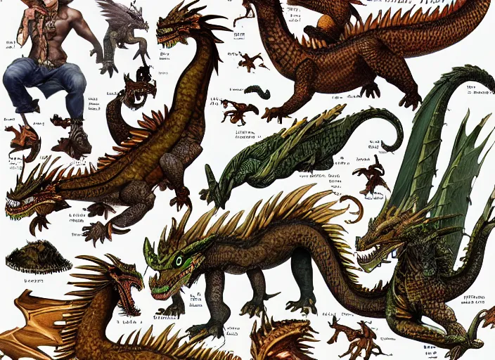 Image similar to an illustrated field guide to dragons showing examples of males and females of each spicies, art by robert stebbins and terryl whitlatch and david sibley and charles darwin, highly detailed, intricately detailed, 8 k, trending on artstation