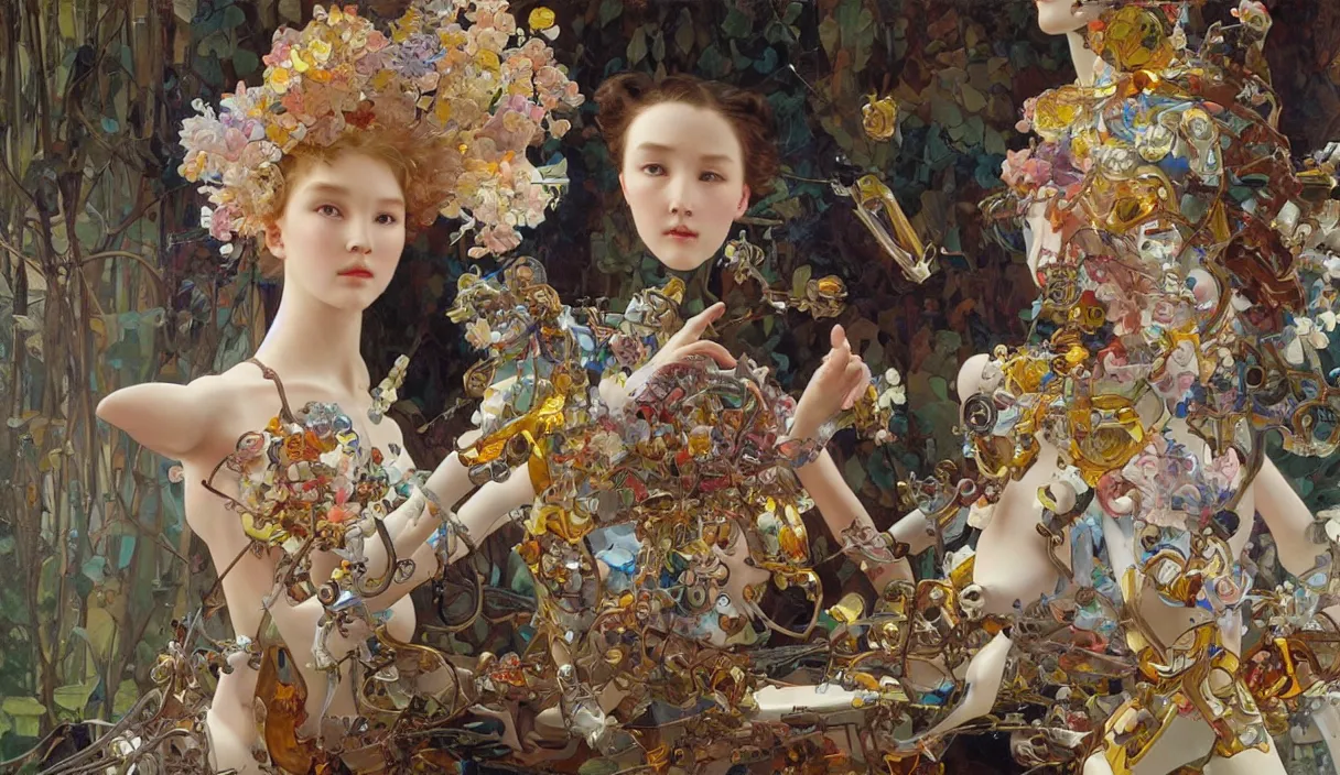 Prompt: Still of a humanoid robot creating art with painting, high detail, cinematic, art by tian zi and WLOP and alphonse mucha