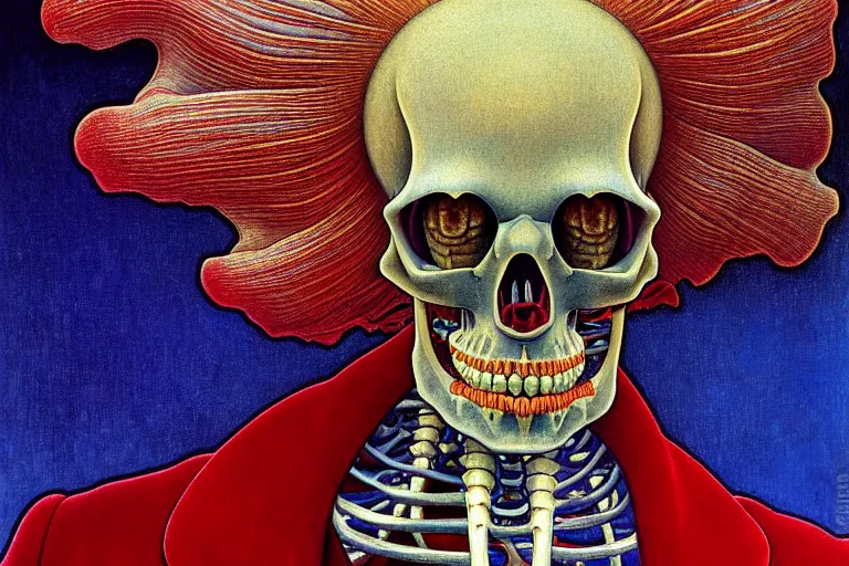 Image similar to realistic detailed closeup portrait painting of a single skeleton wearing red velvet blazer in a crowded futuristic moscow street by Jean Delville, Amano, Yves Tanguy, Alphonse Mucha, Ernst Haeckel, Edward Robert Hughes, Roger Dean, rich moody colours, blue eyes