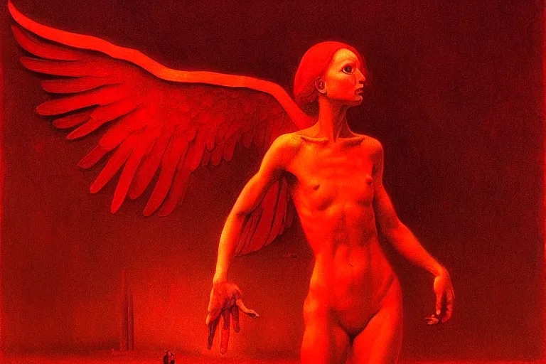 Image similar to only with red, a red angel announce the win, at the gates of a rich renaissance city, pathos, in the style of beksinski, part by hopper, part by rodcenko, part by hofbauer, intricate composition, red by caravaggio, insanely quality, highly detailed, masterpiece, red light, artstation