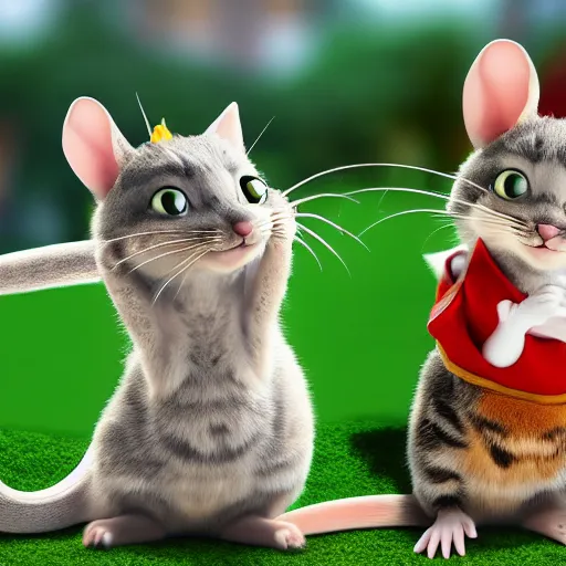 Image similar to tom and jerry as a real cat and mouse, very very realistic, 4 k, detailed