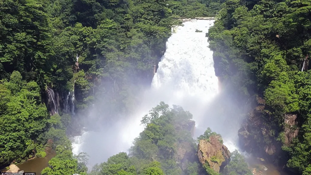 Image similar to the incense burner in the sun produces purple smoke, and the waterfall hangs on the front river ， the current flowed down three thousand feet, and it was suspected that the milky way had fallen for nine days