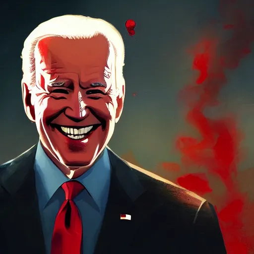 Image similar to joe biden smiling with blood in his face while behind him the world is burning, dramatic lighting, cinematic, establishing shot, extremly high detail, photorealistic, cinematic lighting, artstation, style by James Gurney