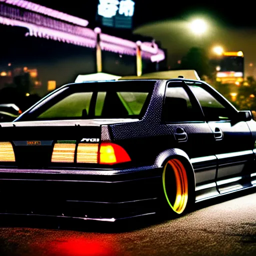 Prompt: a car JZX100 turbo drift at illegal car meet, Shibuya prefecture, midnight mist lights, cinematic color, photorealistic, highly detailed wheels, highly detailed