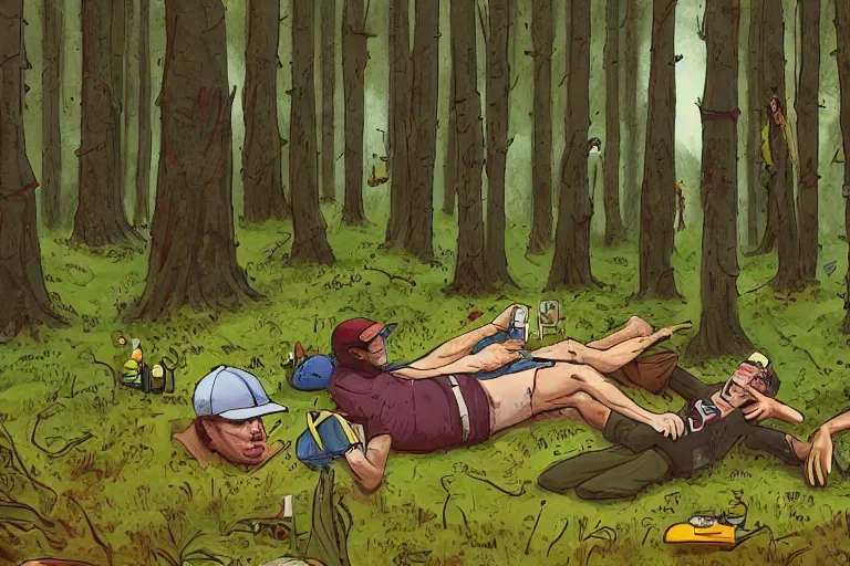 Image similar to mid - thirties guys binge drinking and hiking in a forest, one person pissing on a tree, one person is laying on the ground drunk, in the style of simon stalenhag