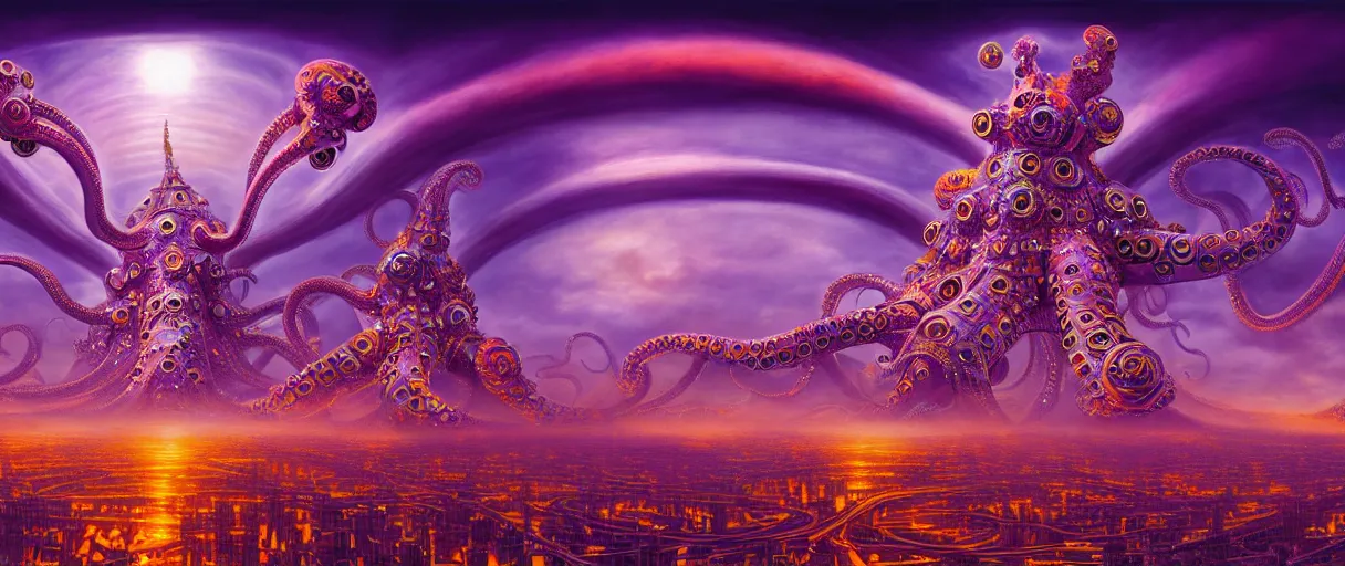 Prompt: hyper-ornate bio-morphic sky city built on giant orange and purple cyborg octopus puffy clouds matte painting concept art alex grey salvador dali cinematic soft glow lighting high angle hd 8k sharp shallow depth of field