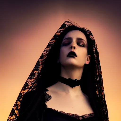 Image similar to photographic portrait of a stunningly beautiful gothic female with black lace choker in soft dreamy light at sunset, god rays, contemporary fashion shoot, by edward robert hughes, annie leibovitz and steve mccurry, david lazar, jimmy nelsson, breathtaking, 8 k resolution, extremely detailed, beautiful, establishing shot, artistic, hyperrealistic, beautiful face, octane render