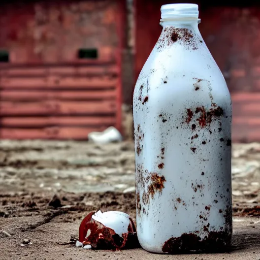 Image similar to dirty bottle of milk and a cow inside rusted slaughterhouse