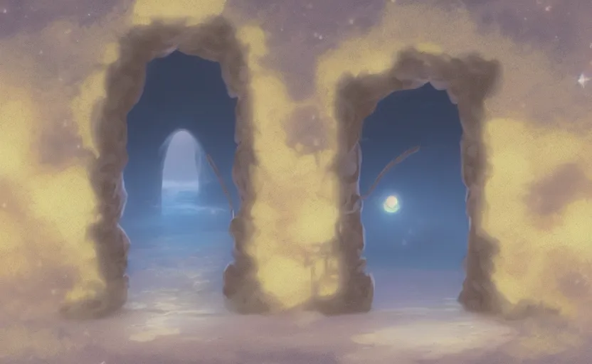 Image similar to a cell - shaded studio ghibli concept art study of a square dimensional portal doorway in egpyt on a misty starry night. water is flowing out of the mouth of the portal. very dull colors, hd, 4 k, hq