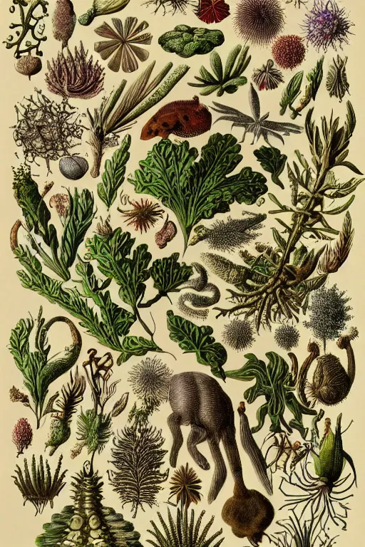 Prompt: an extremely high quality hd, a drawing of a group of plants and animals, an illustration of by earnst haeckel, deviantart, folk art, photoillustration, repeating pattern, woodcut, 8 k, ultra realistic, very realistic