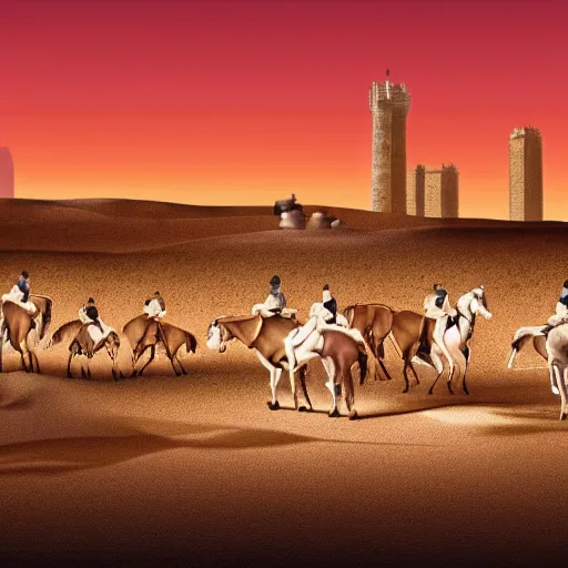 Prompt: desert at night filled with centaurs, tall white tower in the background, HD,