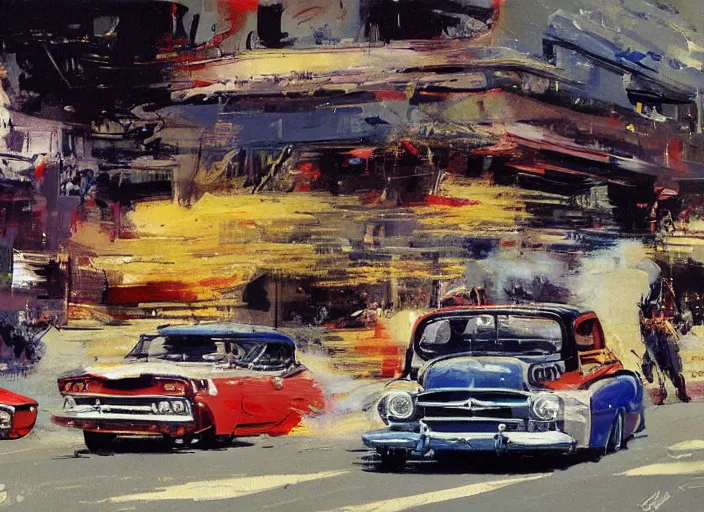 Image similar to hotrods driving down a street , vintage, highly detailed, by John Berkey