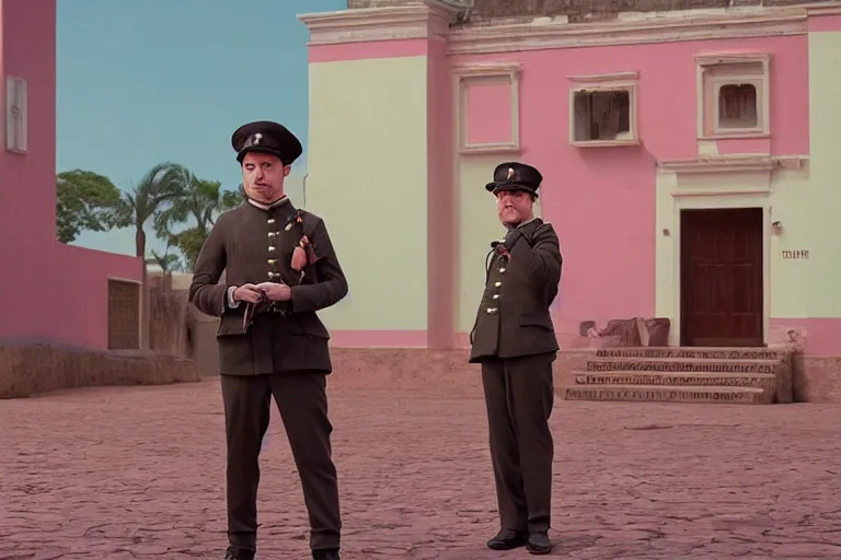 Prompt: wide-shot concept image of a constable in a movie directed by Wes Anderson, symmetrical shot, idiosyncratic, relentlessly detailed, pastel colour palette, detailed perfect face, movie still frame, promotional image, imax 70mm footage