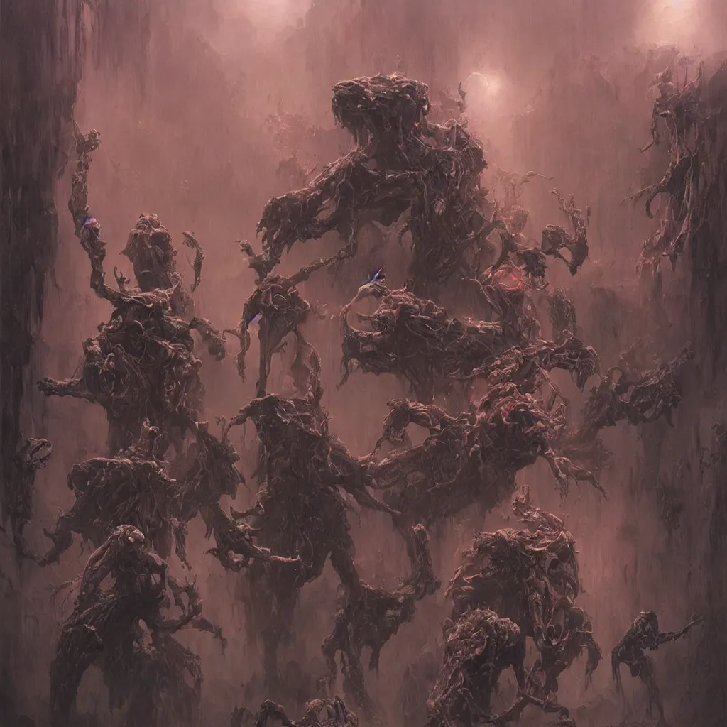 Image similar to sentient ghostbusters bizarre demi - gods expelling demons by greg rutkowski, zdzislaw beksinski,