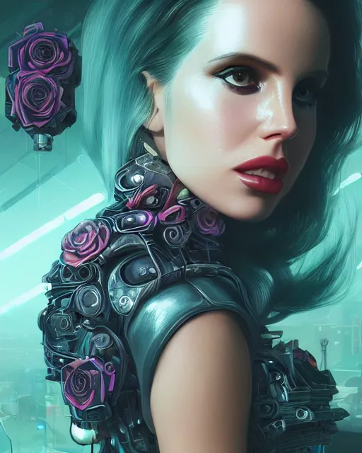 Image similar to portrait of lana del rey as a cyberpunk cyborg. roses, sci - fi, missing panels, intricate abstract, upper body, intricate artwork, by tooth wu, wlop, beeple, dan mumford. concept art, 8 k octane render, deviantart, greg rutkowski, cinematic, key art, hyperrealism, iridescent accents