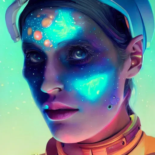 Image similar to colorful character portrait a woman in a space suit among the stars, set in the future 2 1 5 0, highly detailed face, very intricate, symmetrical, cinematic lighting, award - winning, painted by mandy jurgens, pan futurism, dystopian, bold colors, cyberpunk, groovy vibe, anime aesthetic, featured on artstation