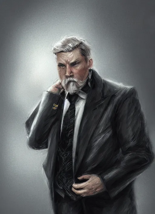 Image similar to a highly detailed illustration of 6 7 year - old clean - shaven chubby white man wearing black detective coat with necktie, heroic pose, strings background, intricate, elegant, highly detailed, centered, digital painting, artstation, concept art, smooth, sharp focus, league of legends concept art, wlop.