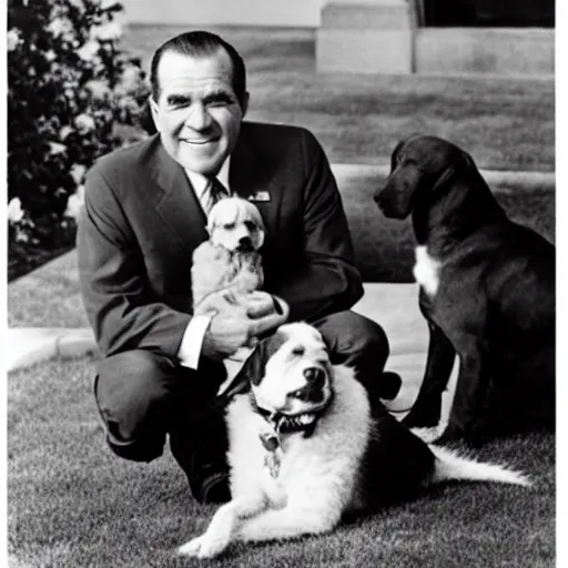 Image similar to Richard Nixon petting the family dog, Checkers. White House photo.