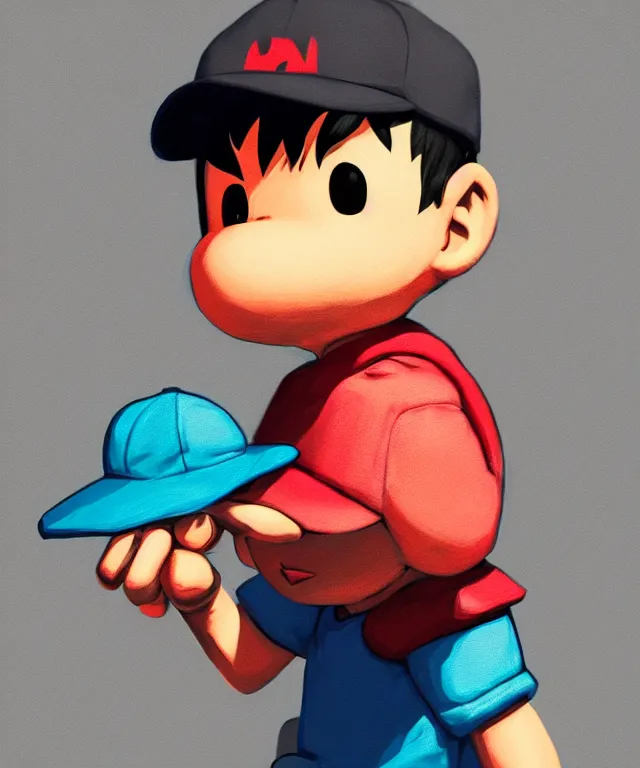 Image similar to ness from earthbound in the style of dan mumford, crisp 8 k line art, digital painting, artstation, unreal engine, octane render, emissive lighting, concept art, matte, sharp focus, hyper realistic lighting, illustration