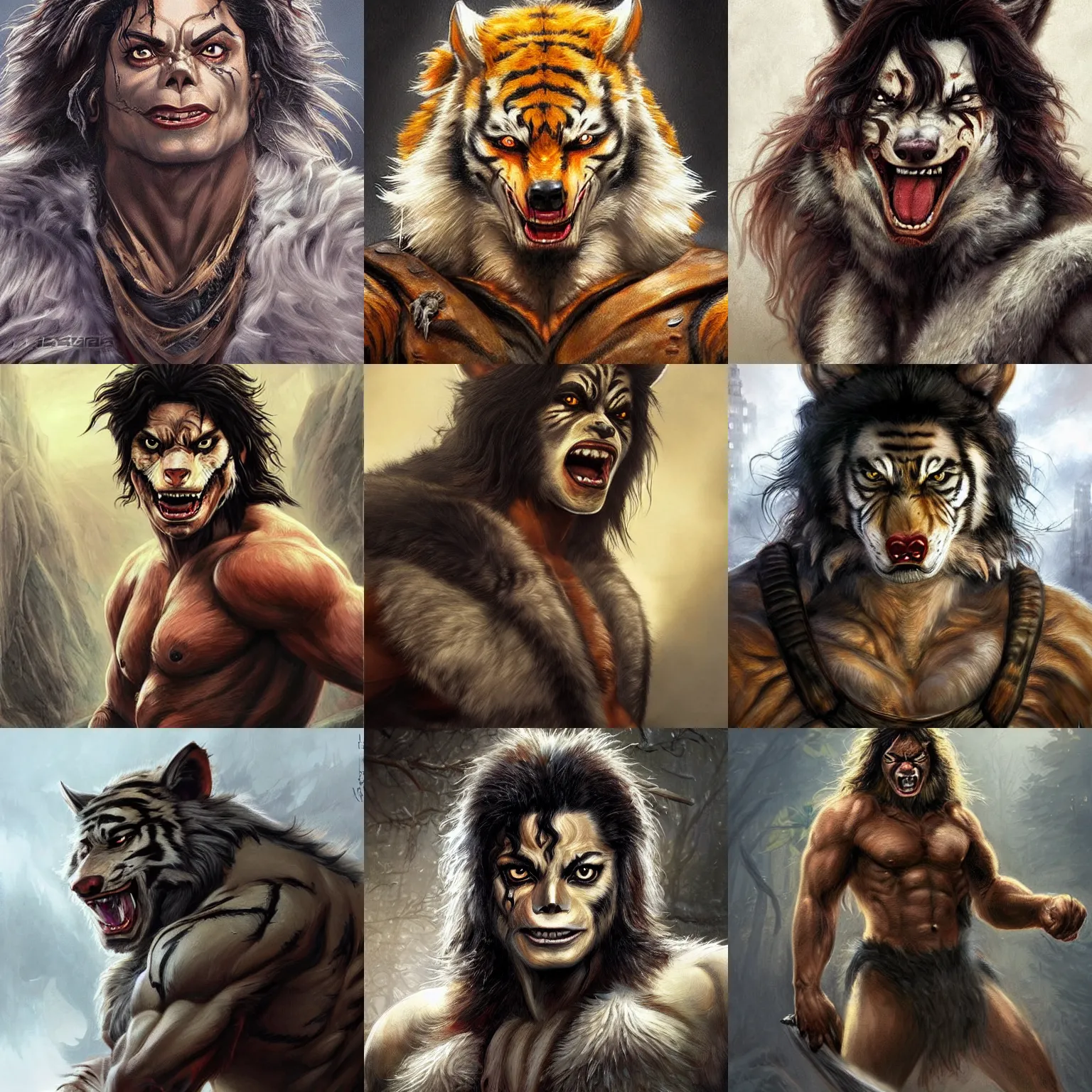 Prompt: werewolf!!! michael jackson! very close portrait of angry rugged tiger barbarian hunter, muscular, upper body, 👅 👅 , D&D, fantasy, intricate, elegant, highly detailed, digital painting, artstation, concept art, smooth, sharp focus, illustration, art by artgerm and greg rutkowski and alphonse mucha