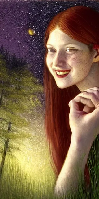 Image similar to infp young woman, smiling, amazed by golden fireflies lights, sitting in the midst of nature fully covered, long loose red hair, intricate linework, green eyes, small nose with freckles, oval shape face, realistic, expressive emotions, dramatic lights mystical scene, hyper realistic ultrafine art by artemisia gentileschi, albert bierstadt, artgerm