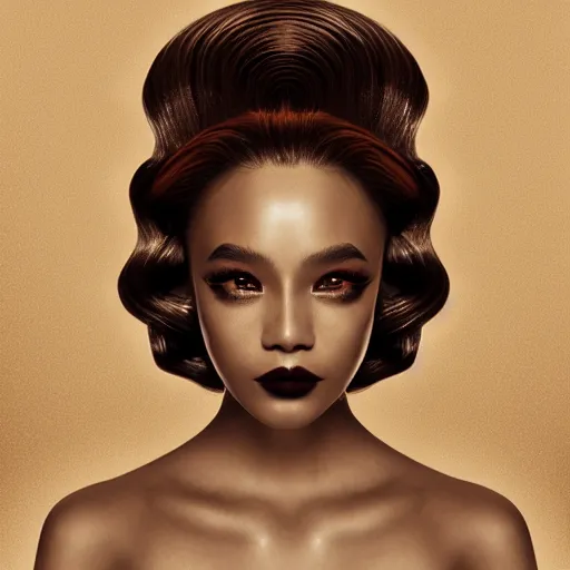 Prompt: vintage portrait of modern mermaid queen, zoom, rule of thirds, atmosphere, intricate, regal, latinas, ( brown skin ), symmetrical!!, loreal, maybelline, sephora, loreal, artstation, art by lee man fong, moody, ( ( cinematic ) ) concept art, filmic, vsco