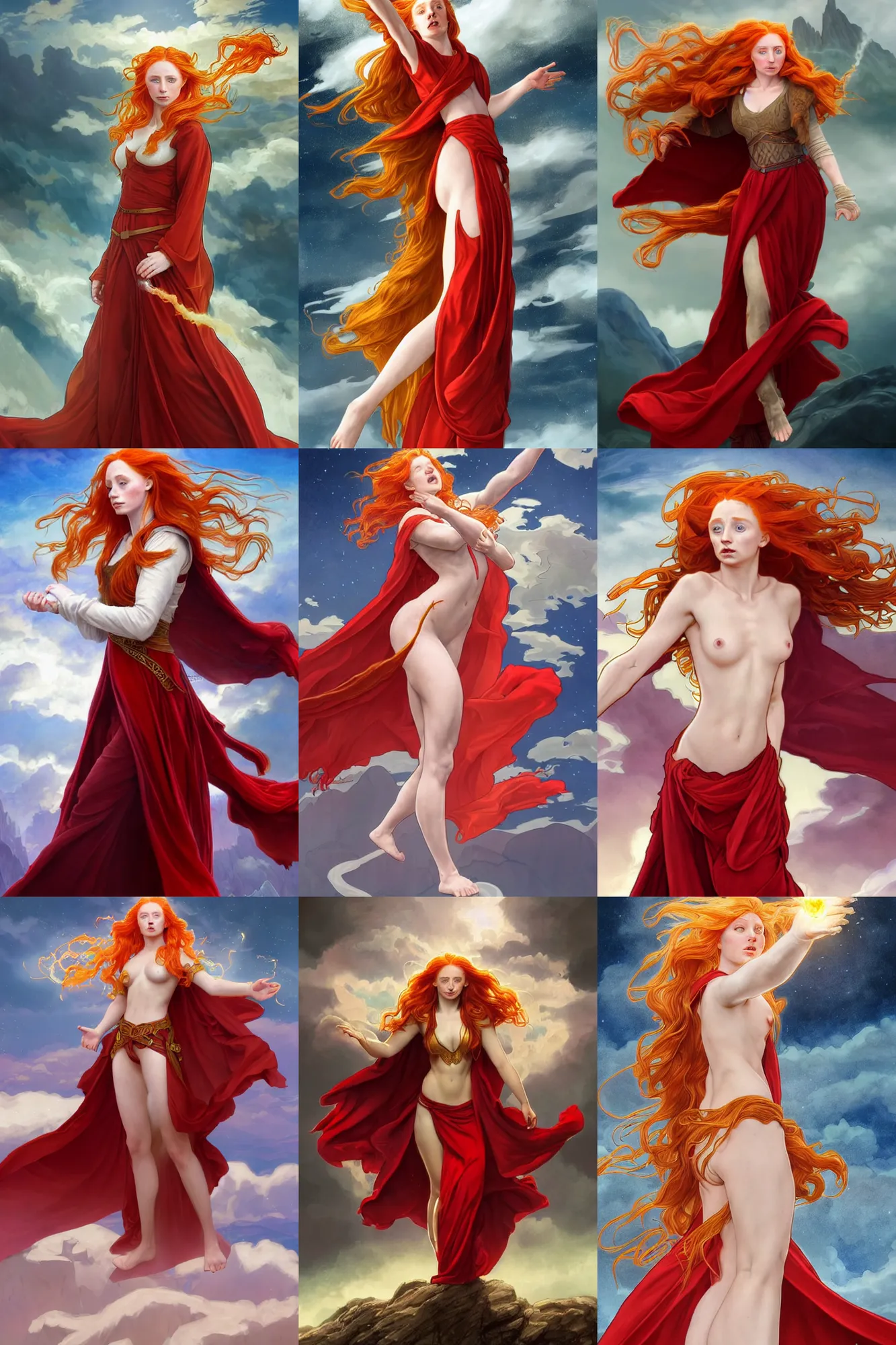 Prompt: a mage casting a fireball, ginger hair with freckles inspired by annie, pale skin, face like daenerys and sophie turner, wearing long flowing red robes blowing in the wind inspired by alphonse mucha, standing on a mountain top, epic clouds and godlike lighting, intricate illustration and highly detailed digital painting. concept art by artgerm and larry elmore.