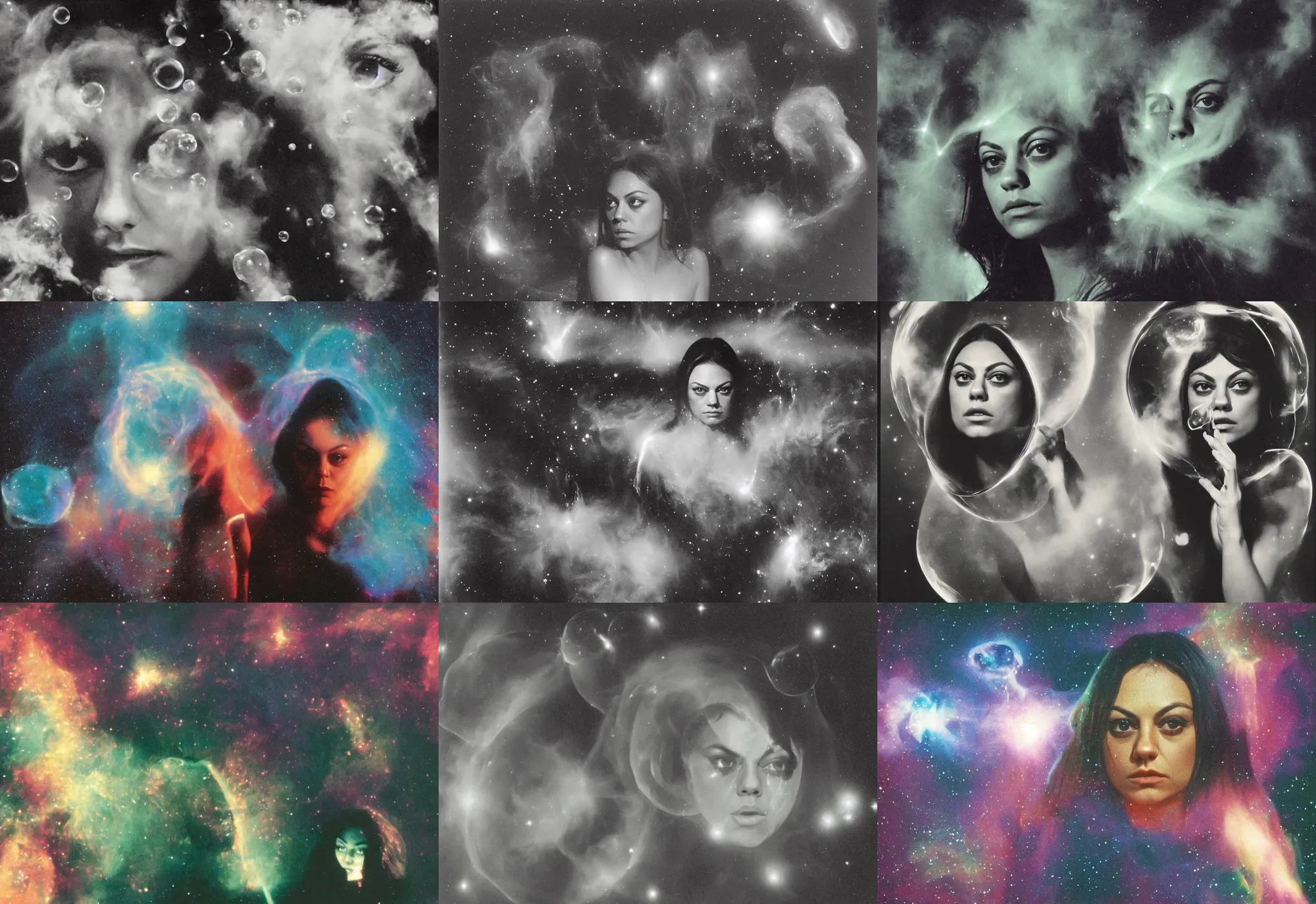 Image similar to 1970 Mila Kunis looking into the camera with small reflective bubbles, puffs of colored smoke, Nebula, Ludek Pesek, Rick Guidice, Chesley Bonestell, Lucien Rudaux, Rolf Klep, Fred Freeman, George Pal