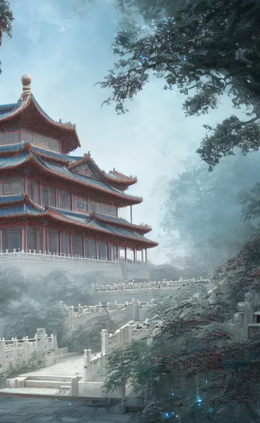 Image similar to vanishing point, palace covered with aqua blue roses like the forbidden city in distance at the red rose royal manor, viewed from afar, stephen bliss, misty, unreal engine, fantasy art by greg rutkowski, loish, ferdinand knab, and lois van rossdraws,, global illumination, radiant light, minimalist, detailed and intricate environment