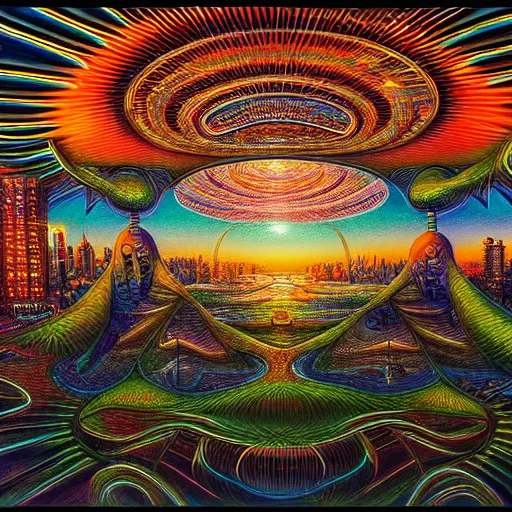 Image similar to highly detailed urban landscape, in the style of alex grey, tool, global illumination, radiant light, detailed and intricate environment h 6 0 4