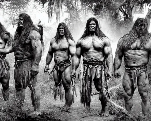 Image similar to hyper realistic group vintage photograph of an orc warrior tribe in the jungle, tall, muscular, hulk like physique, tribal paint, tribal armor, grain, old