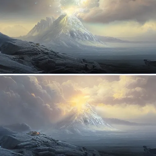 Image similar to an nuclear explosion in blizzardy mountains, Matte painting , detailed painting, greg rutkowski