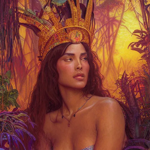 Image similar to portrait of a beautiful alluring female aztec queen in a dense jungle at sunset, detailed, centered, digital painting, artstation, concept art, donato giancola, alphonse mucha, Joseph Christian Leyendecker, WLOP, Boris Vallejo, Breathtaking, 8k resolution, extremely detailed, beautiful, establishing shot, artistic, hyperrealistic, beautiful face, octane render