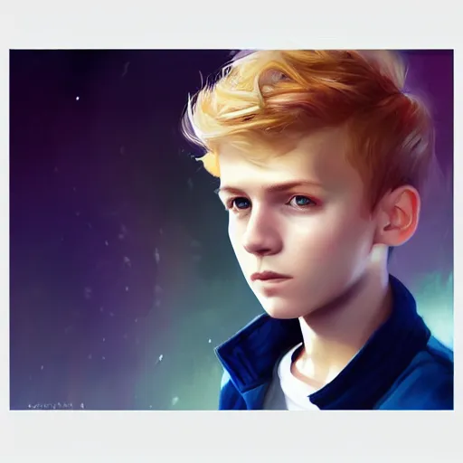 Image similar to colorful and festive captivating young boy with wavy blonde hair, navy blue jacket and blue shorts. rich vivid colors, ambient lighting, dynamic lighting, 4 k, atmospheric lighting, painted, intricate, highly detailed by charlie bowater