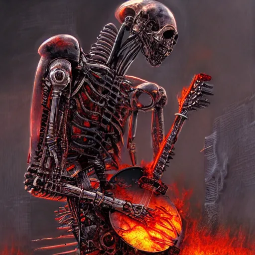 Image similar to death robot shredding flaming guitar, standing in ruined burning street by Yoshitaka Amano, by HR Giger, biomechanical, 4k, hyper detailed, hyperrealism, anime, a Blood Moon rising on a Broken World, deviantart, artstation