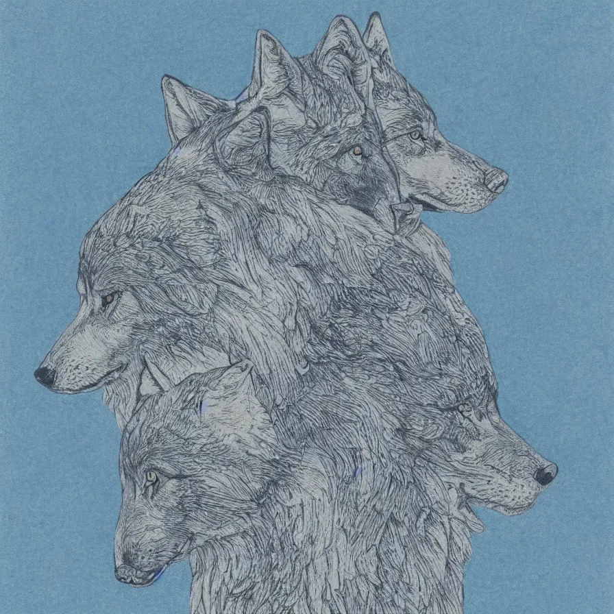 Prompt: highly detailed color drawing of a 3-headed wolf, on grainy blue paper, faded pastel colors, risograph print