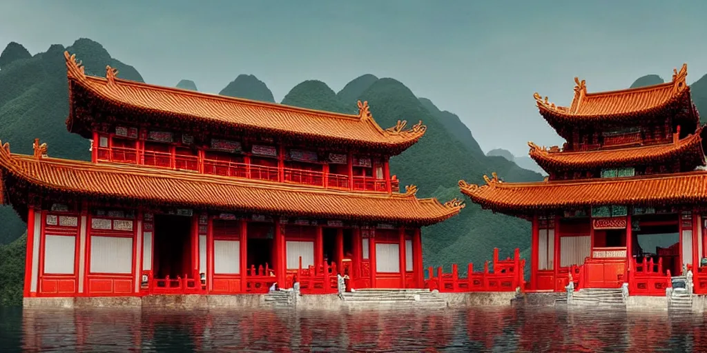 Image similar to a very high resolution image from a new movie, upside - down chinese temple, beautiful scenery, photorealistic, photography, directed by wes anderson