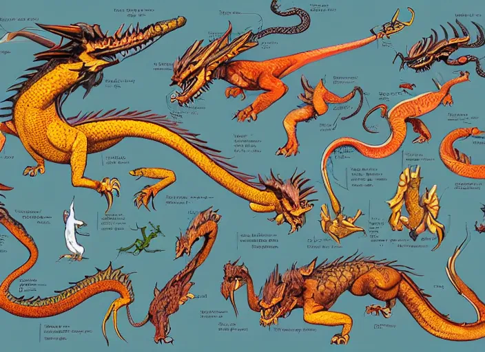 Image similar to an illustrated field guide to dragons showing examples of males and females of each spicies, art by robert stebbins and terryl whitlatch and david sibley and charles darwin, highly detailed, intricately detailed, 8 k, trending on artstation