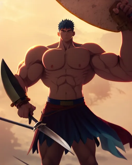 Image similar to strong muscular warrior with a greatsword, dramatic pose, square masculine facial features, short messy hair, intimidating appearance, 3 d octane render, unreal engine 5, ultra high detail, cel shaded, trending on pixiv fanbox, by greg rutkowski makoto shinkai takashi takeuchi studio ghibli, akihiko yoshida