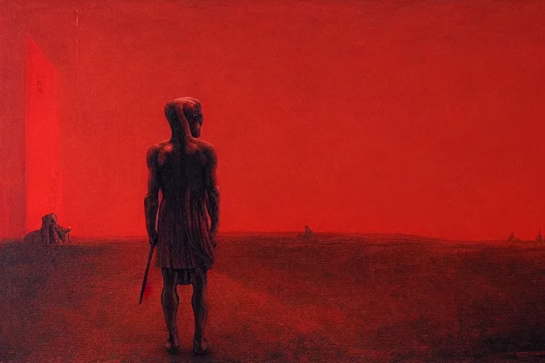 Image similar to only with red, caesar after war, a red tiger, in hoc signo vinces, rome in background, an ancient path, in the style of beksinski, part by hopper, part by rodcenko, part by hofbauer, intricate composition, red by caravaggio, insanely quality, highly detailed, masterpiece, red light, artstation