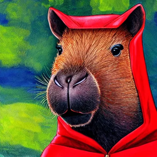 Prompt: bright, colorful, realistic, detailed capybara wearing a red hood