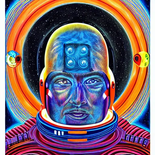 Image similar to a portrait of an astronaut in the style of alex grey,