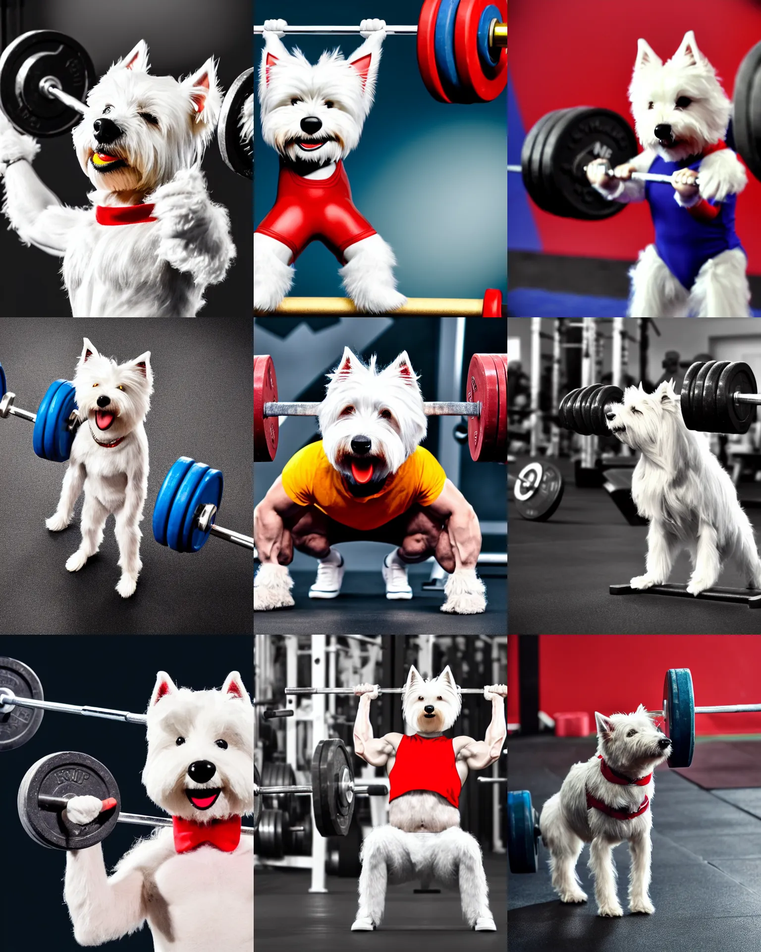 Image similar to a photo of an anthropomorphic anthropomorphic westie weight lifting weightlifting barbell up in olympic, 4 k